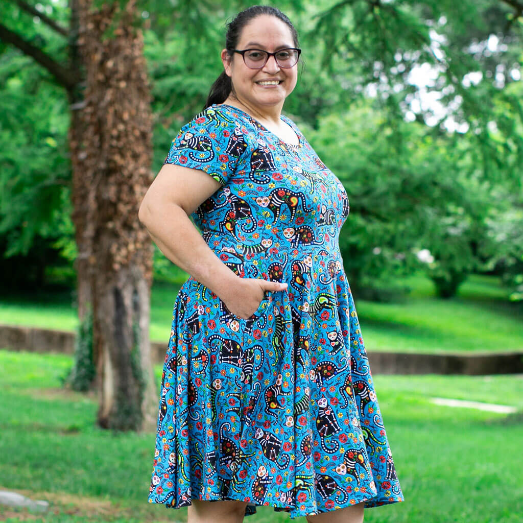 Adult "Los Gatos Fantasmas" Calavera Cats Super Twirler Dress with Pockets