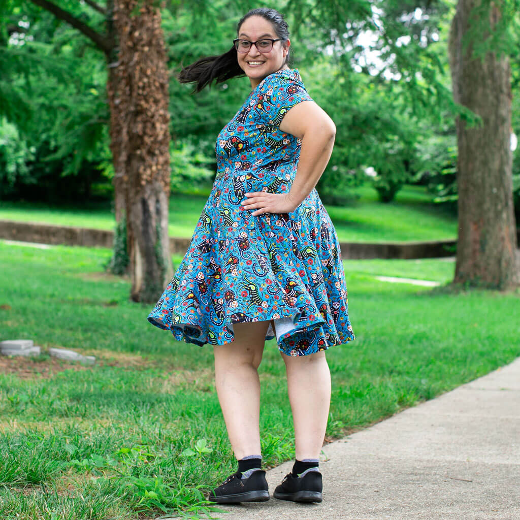 Adult "Los Gatos Fantasmas" Calavera Cats Super Twirler Dress with Pockets