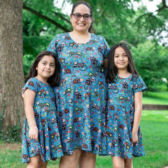 Adult "Los Gatos Fantasmas" Calavera Cats Super Twirler Dress with Pockets