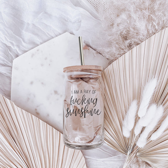 17oz Glass Tumbler With Bamboo Lid, 2 Stainless Straws and Cleaner, Sassy