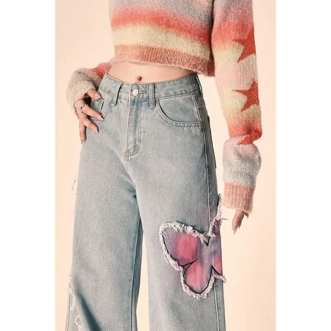 Butterfly Print Wide-Leg Jeans – Vintage Y2K Aesthetic