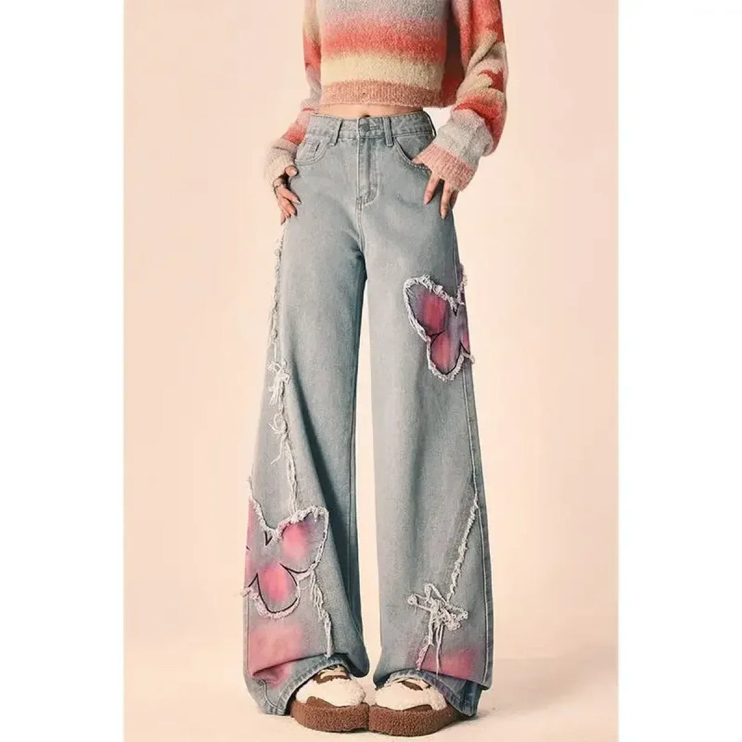 Butterfly Print Wide-Leg Jeans – Vintage Y2K Aesthetic