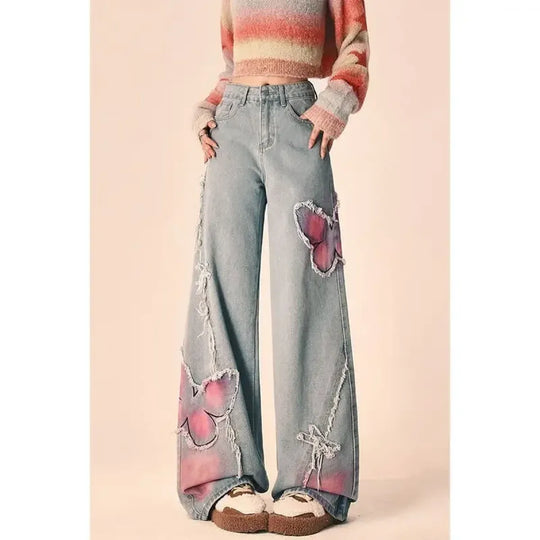 Butterfly Print Wide-Leg Jeans – Vintage Y2K Aesthetic