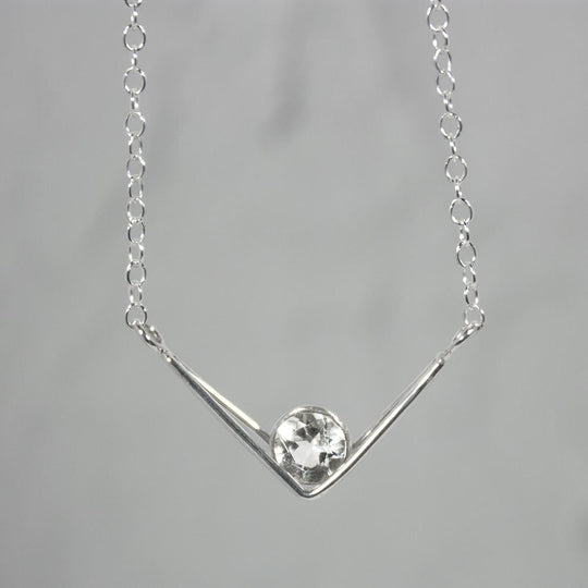 White Topaz Sterling Silver V Pendant Necklace 16 Inch