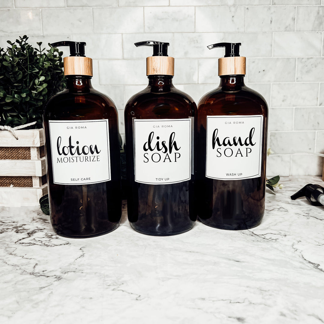 32 Oz Amber Glass Reusable Dispenser Bottle For Soap Laundry Mouthwash Refillable Pump Included