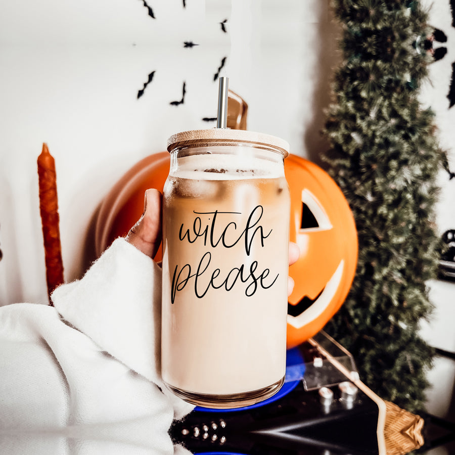 Witch Please 17oz Glass Tumbler With Bamboo Lid Stainless Straws And Cleaner