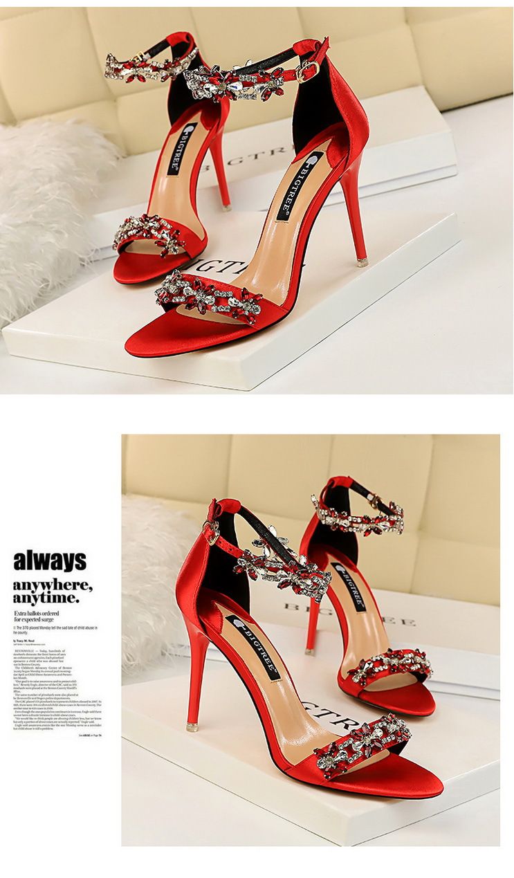 Women's Pumps; Sexy high-heeled shoes; formal women's shoes for banquet party; thin heel high-heeled shoes; satin open toe rhinestone one word sandals