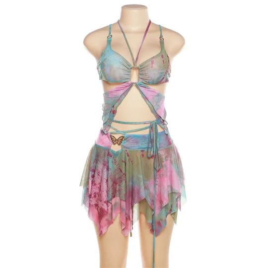 Tie-Dye Fairy Set – Butterfly Crop Top & Wrap Mini Skirt