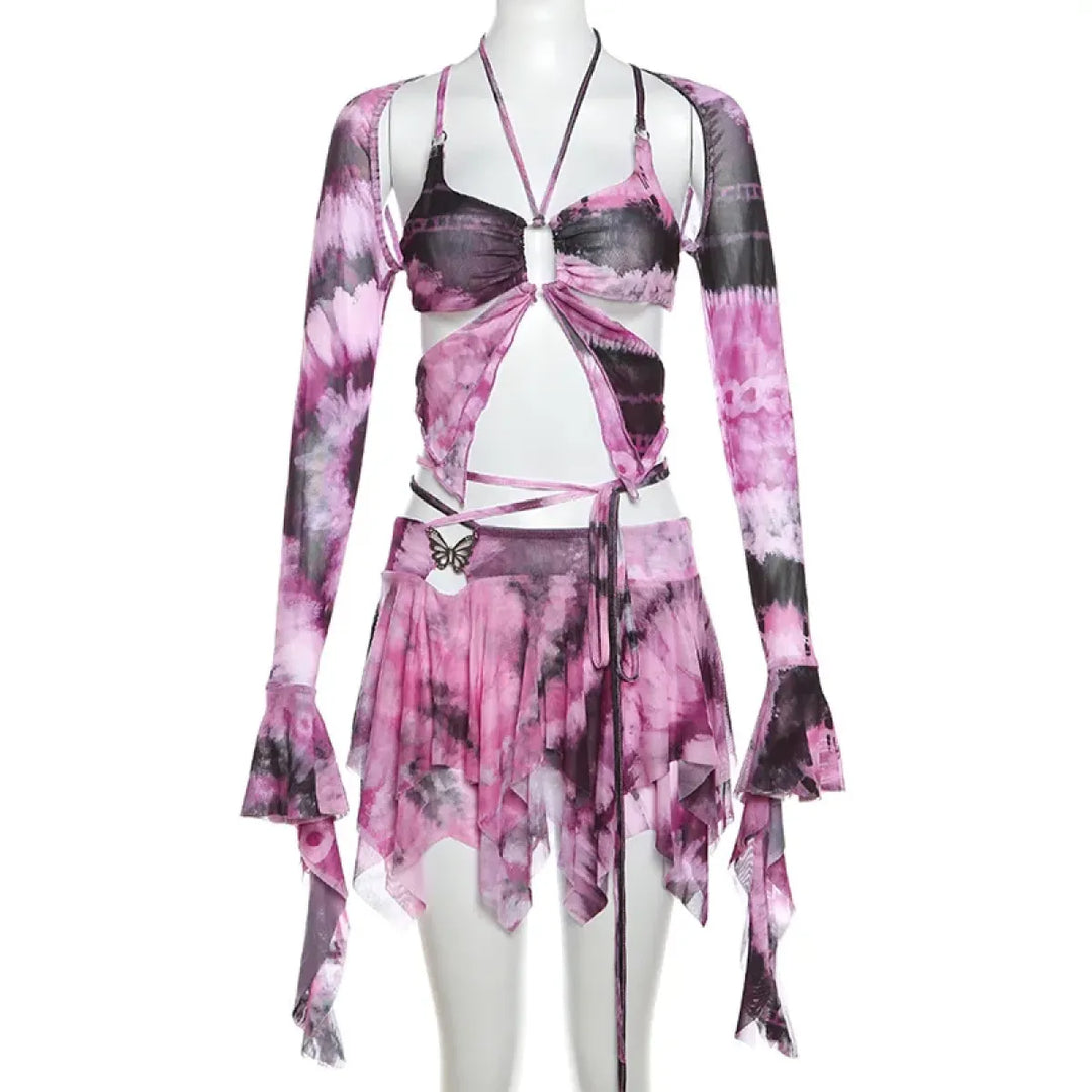 Tie-Dye Fairy Set – Butterfly Crop Top & Wrap Mini Skirt